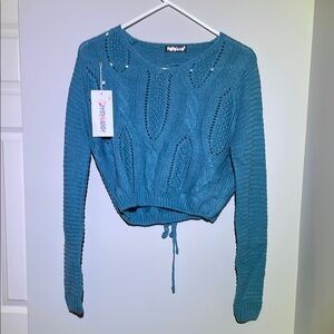Teal Knit Sweater with Back criss-cross drawstring hem